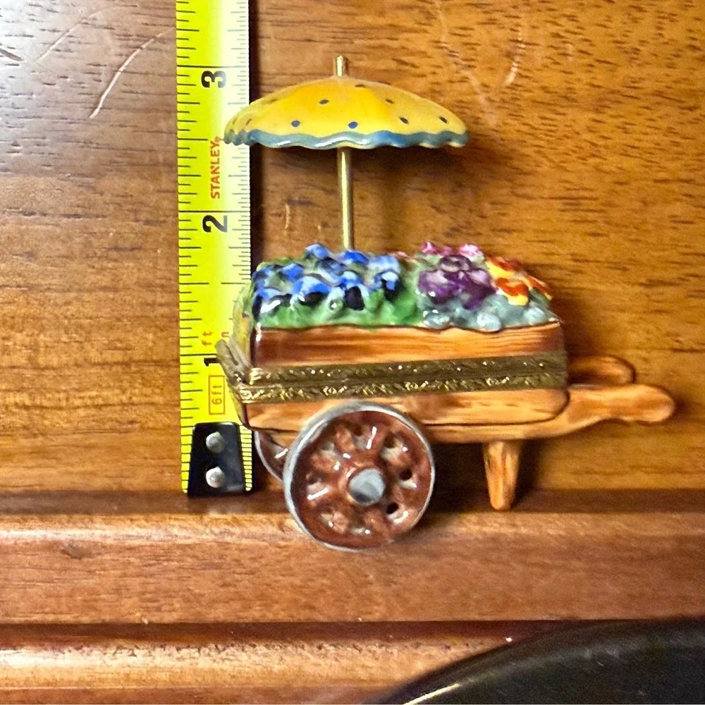 Vintage Limoges France Hand Painted Porcelain Faux wood Flower Cart Trinket Box